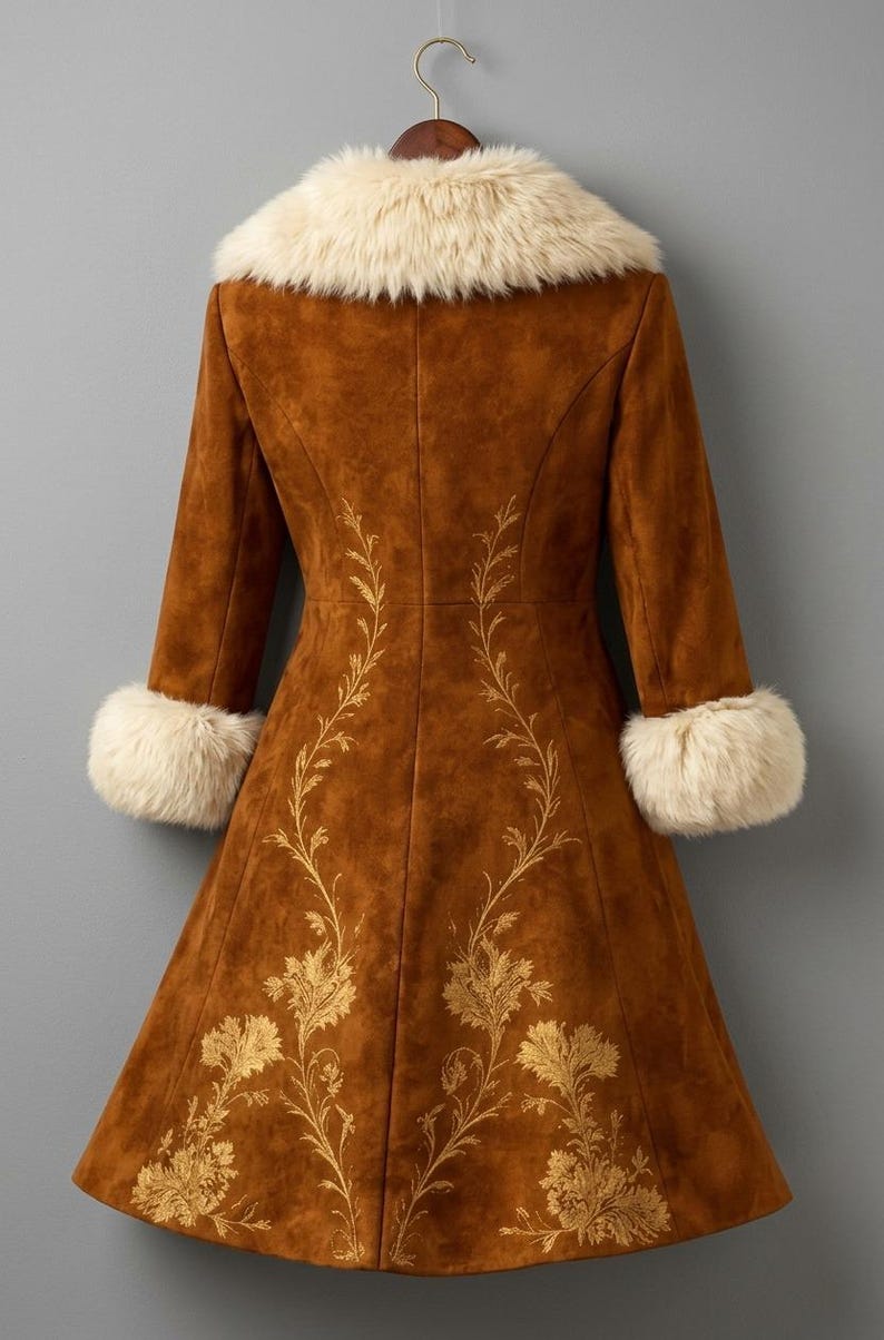 May include: A brown coat featuring a cream-colored faux fur collar and matching faux fur cuffs on the sleeves. The coat is decorated with gold-toned floral embroidery that extends from the hemline up the back panels in a vine-like pattern.