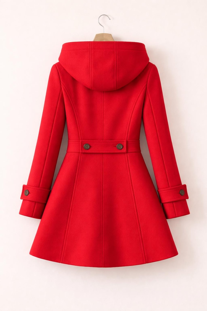 May include: A bright red hooded coat featuring a flared silhouette, long sleeves with buttoned cuffs, and a horizontal back waist tab secured with two dark buttons. The coat is displayed on a wooden hanger against a plain background.