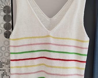 Hand Knit Summer Tank Top – Cotton V Neck Sleeveless Sweater Vest – Lightweight Striped Knit Camisole – Handmade Minimalist Top