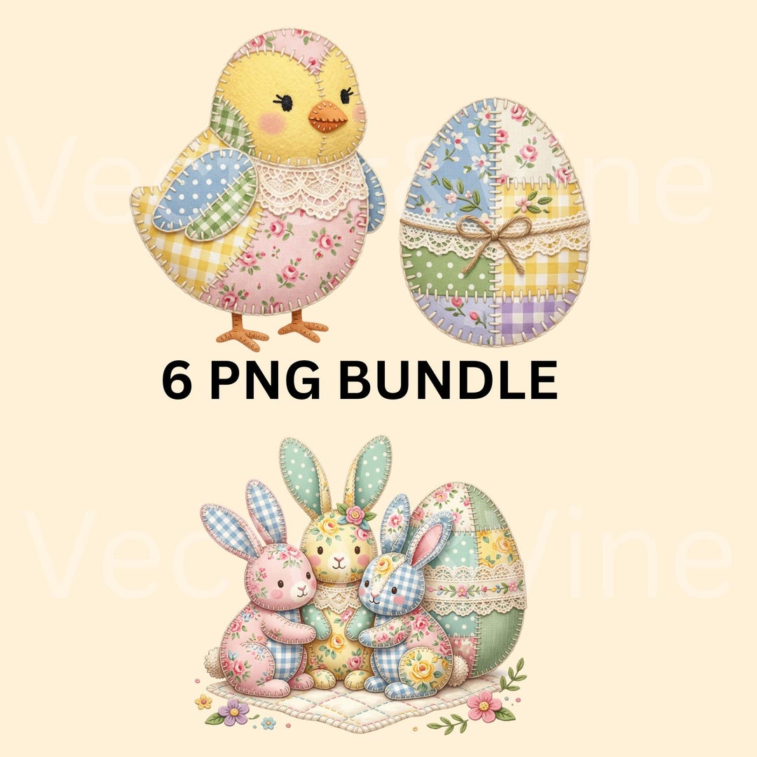 6 Chick PNG Bundle, Patchwork Chick Clipart Set, Easter Egg PNG, Pastel ...