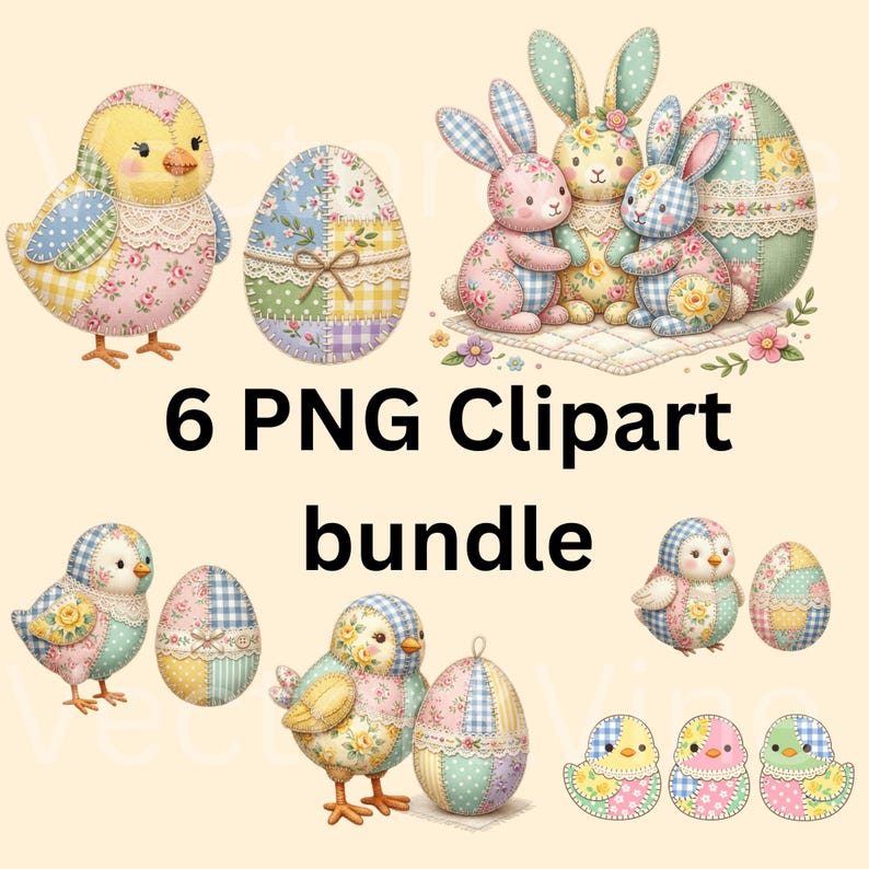 6 Chick PNG Bundle, Patchwork Chick Clipart Set, Easter Egg PNG, Pastel ...