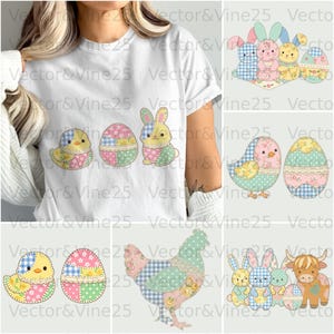 May include: White t-shirt featuring Easter-themed patchwork designs. The shirt displays a chick, an egg, and a bunny. Additional images include a hen, more bunnies, a cow, and eggs. The designs incorporate pastel colors and floral patterns.