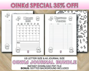 May include: A bundle of printable journal pages with a puppy theme. Includes a calendar for March 2026, a password tracker, and lined pages. The text "OINKd JOURNAL BUNDLE" is displayed, along with "US LETTER SIZE & A5 JOURNAL SIZE".