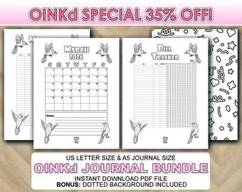 May include: A black and white journal bundle with a calendar, bill tracker, and a dotted background. The calendar is for March 2026. The journal pages feature hummingbird illustrations and the text "OINKd JOURNAL BUNDLE".