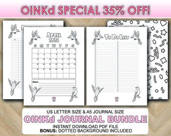 May include: A digital journal bundle with a calendar, to-do list, and patterned background. The pages feature hummingbird illustrations and the text "April 2026" and "To Do List". The bundle includes US Letter and A5 sizes. The text "OINKd JOURNAL BUNDLE" is also visible.
