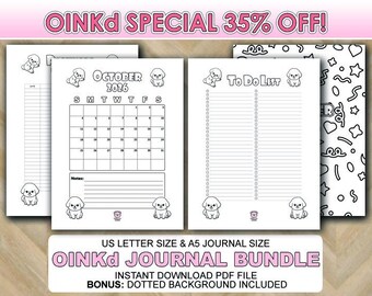 May include: A bundle of printable journal pages with a calendar for October 2026, a to-do list, and lined pages. The pages are decorated with cartoon puppies and the text "OINKd JOURNAL BUNDLE". The image also includes the text "OINKd SPECIAL 35% OFF!"