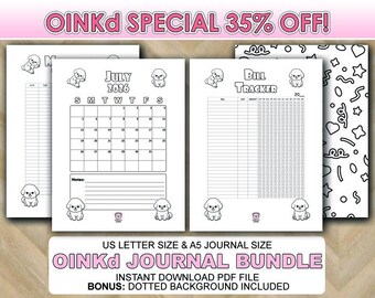 May include: A bundle of printable journal pages with a cute puppy theme. Includes a monthly calendar for July 2026, a bill tracker, and lined pages. The text "OINKd JOURNAL BUNDLE" is displayed, along with "US LETTER SIZE & A5 JOURNAL SIZE".
