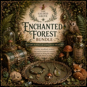 May include: A mystery bundle of jewelry and treasures titled The Gilded Grove Enchanted Forest Bundle. The collection includes a beaded bracelet, two pendants, a small treasure chest, a glass cloche with a mushroom, and a glass bottle.