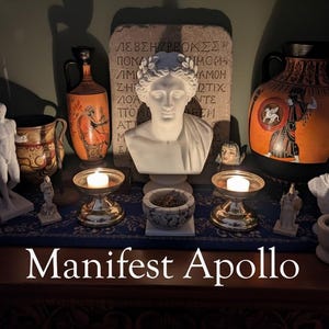 May include: A display featuring a white bust of a figure with a laurel wreath, flanked by ancient-style pottery and statues. Two lit candles in ornate holders and the text "Manifest Apollo" are also present.