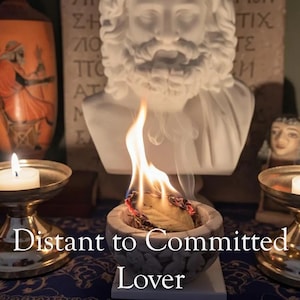 May include: A still life arrangement featuring burning incense, candles, and classical busts. The text "Distant to Committed Lover" is displayed at the bottom. The scene evokes a sense of ritual and spirituality.