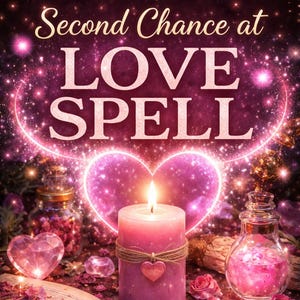 Puede incluir: Una vela rosa encendida con un dije en forma de corazón es el punto focal de la imagen, con las palabras "Second Chance at LOVE SPELL" en la parte superior. El fondo presenta un diseño de luz en forma de corazón, botellas de pociones y pétalos de rosa.