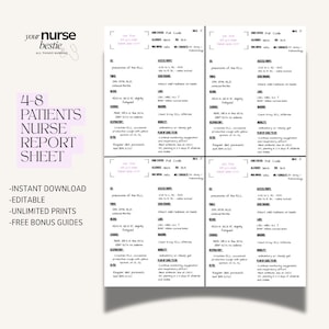 Puede incluir: Una hoja de informe de enfermería digital con el texto "4-8 PATIENTS NURSE REPORT SHEET". La hoja incluye secciones para información del paciente, signos vitales y notas. También es visible el texto "-INSTANT DOWNLOAD -EDITABLE -UNLIMITED PRINTS -FREE BONUS GUIDES".