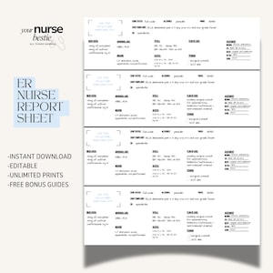 Puede incluir: Una hoja de informe de enfermería de urgencias imprimible con un encabezado azul claro que dice "ER NURSE REPORT SHEET". La hoja incluye secciones para información del paciente, signos vitales y plan de atención. También es visible el texto "-INSTANT DOWNLOAD -EDITABLE -UNLIMITED PRINTS -FREE BONUS GUIDES".