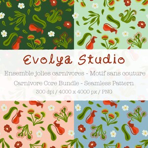 Peut inclure: Plusieurs motifs sans couture avec des plantes carnivores stylisées. Les motifs présentent des dionées, des plantes à cruche et de petites fleurs blanches sur des fonds verts, vert clair, roses et bleus. Le texte "Evolya Studio" est affiché.