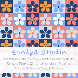 Peut inclure: Un motif de courtepointe florale avec un motif répété de fleurs stylisées en orange, bleu, blanc et pêche sur une grille de carrés bleus et corail. Le texte "Evolya Studio" est affiché en bleu clair.