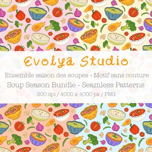 Peut inclure: Ensemble de motifs sans couture avec des illustrations d'ingrédients de soupe, tels que des tomates, des courges, du brocoli et des bols de soupe. Le texte "Evolya Studio" et "Soup Season Bundle - Seamless Patterns" est également visible.