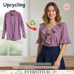 May include: An image demonstrating upcycling. A purple gingham shirt is transformed into a stylish top with ruffled sleeves and a navy blue skirt. The image includes the text "Upcycling" and "Upcycle Shirt & T-Shirt to Stylish Top & Patchwork Skirt".