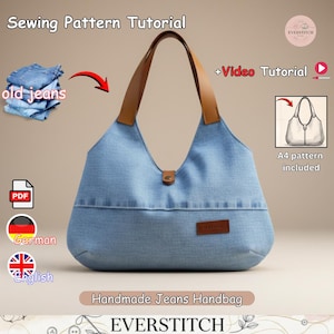 Op de afbeelding: Een lichtblauwe spijkerstof handtas met bruine leren hengsels en een centrale drukknoopsluiting. De afbeelding bevat tekst: Sewing Pattern Tutorial, Video Tutorial, A4 pattern included en Handmade Jeans Handbag door EVERSTITCH.