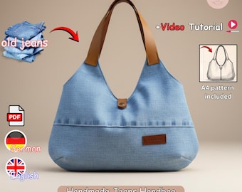 Denim Handbag Sewing Pattern – Recycled Jeans Project, PDF + Video Tutorial, English & Deutsch