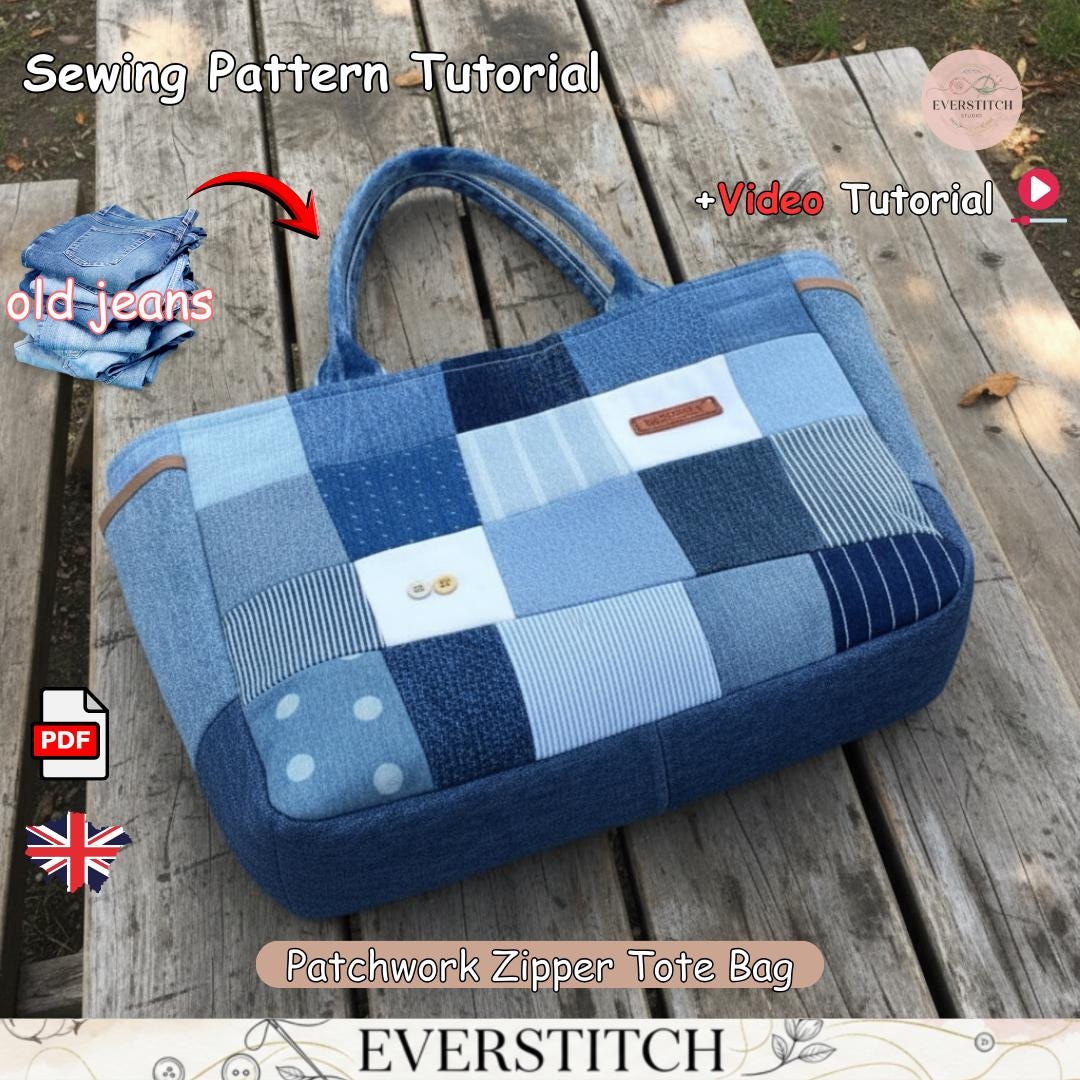Denim Patchwork Tote Bag Sewing Pattern, Upcycled Jeans Zipper Bag ...