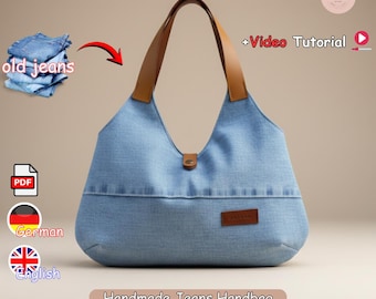 Denim Handbag Sewing Pattern – Recycled Jeans Project, PDF + Video Tutorial, English & Deutsch