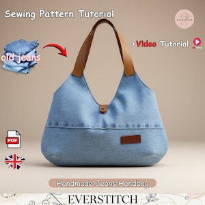 May include: A light blue denim handbag with brown leather straps and a button closure. The bag is labeled "Handmade Jeans Handbag" and the tutorial is for sewing patterns. The image also includes the text "Sewing Pattern Tutorial".