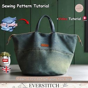 May include: A denim tote bag with a zipper closure and circle bottom design. The bag has two handles and a small brown leather patch. The text "Sewing Pattern Tutorial" and "+Video Tutorial" are visible.