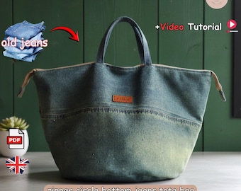 draagtas met cirkelvormige onderkant en geüpcycled jeanspatchwork met videotutorial en pdf-naaipatroon