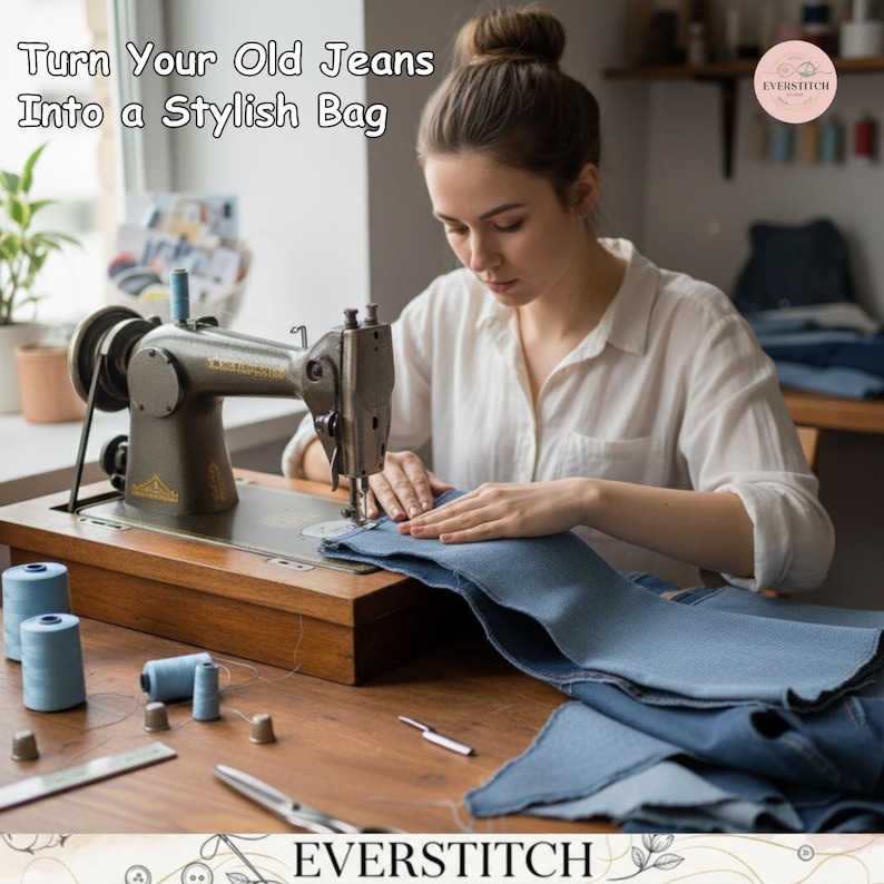 May include: A vintage-style metal sewing machine on a wooden base with blue denim fabric being stitched. The text reads Turn Your Old Jeans Into a Stylish Bag and EVERSTITCH. Light blue thread spools, metal thimbles, and scissors are on the table.