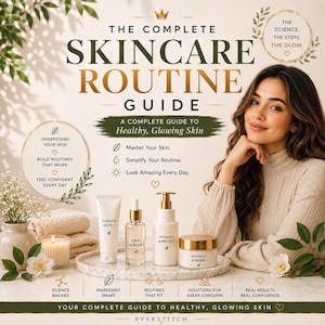 May include: A skincare routine guide featuring text that reads The Complete Skincare Routine Guide, A Complete Guide to Healthy, Glowing Skin, and Everstitch. Four skincare products are displayed on a marble tray: a tube, a dropper, a pump, and a jar.