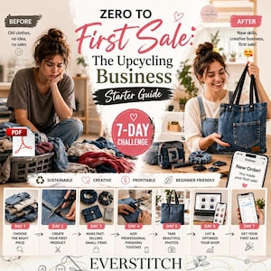 May include: An infographic promoting upcycling. The image shows a woman surrounded by old clothes, then holding a denim tote bag. Text includes "Zero to First Sale" and "The Upcycling Business Starter Guide."