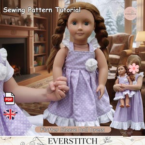 May include: A doll wearing a lavender polka dot dress with white ruffle trim and a white flower accent. The dress is a flutter sleeve design. The image includes the text "Sewing Pattern Tutorial" and "Flutter Sleeve Doll Dress".