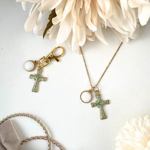 Mint Green Cross Necklace Keychain Set – Gold Stainless Steel, Rhinestone Charm