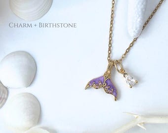 Purple Mermaid Tail Necklace with Optional Initial, Birthstone and Pet Charm - TARNISH-RESISTANT Stainless Steel