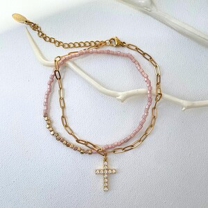 Pink Beaded Cross Bracelet Set, Gold Layering Jewelry, Dainty Christian Gift for Women, Adjustable Stackable Wristlet