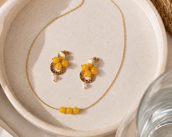Minimalist Yellow Natural Stone Bead Necklace, Stainless Steel Necklace, Waterproof Layering, Gift for Her