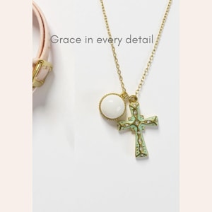 Mint Green Enamel Cross Necklace – Gold Stainless Steel Pearl Charm Pendant