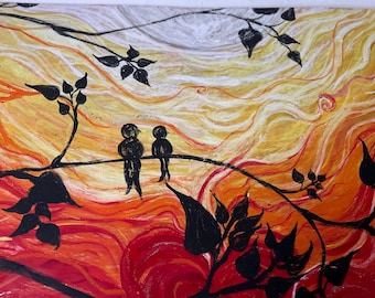 Könnte beinhalten: Abstrakte Malerei mit zwei Silhouetten auf einem Ast vor einem Sonnenuntergang. Der Hintergrund zeigt wirbelnde Muster aus Gelb, Orange und Rot, mit schwarzen Blättern und Ästen. Ein warmes, farbenfrohes Kunstwerk.