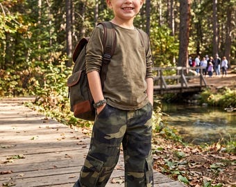 Kids Camo Cargo Pants | Toddler Military Style Multi-Pocket Trousers | Green Camouflage Children's Streetwear | Tiny Bunny Boutique Gift
