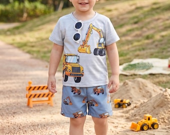 Bauwagen Kleinkinder Set | Bagger & Kipper Jungen Outfit | Kinder Grau Sommer T-Shirt Shorts | Winziges Bunny Boutique Geburtstagsgeschenk