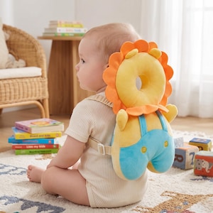 May include: A yellow and orange lion-shaped baby head protector with blue overalls. The head protector has a hole in the center and is secured with a beige strap. The baby is sitting on a patterned rug.