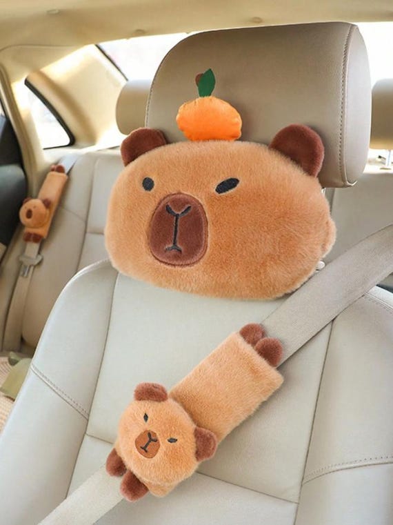 Plush Capybara Car Neck Pillow & Seat Belt Cover Set | Cute Animal Travel Headrest | Soft Car Interior Accessory | Tiny Bunny Boutique Gift