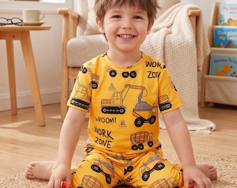 Construction Truck Toddler Pajamas | Yellow Excavator Boy Sleepwear | Work Zone Kids PJs Set | Tiny Bunny Boutique Nightwear Gift