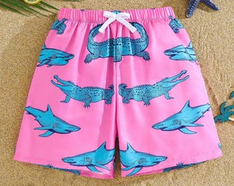 Kids 2-in-1 Swim Shorts | 7 Patterns Shark Donut Palm Tropical | Toddler Board Shorts with Anti-Chafe Liner | Tiny Bunny Boutique Beach Gift
