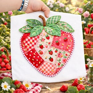 Fragola PNG, Maglietta Fragolina Dolcecuore, Motivo patchwork di fragole con clipart, Atmosfera estiva con ciliegie, stile boho floreale, Sensibilizzazione sull'autismo