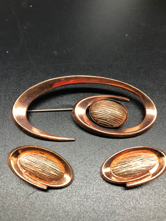 Vintage Renoir copper pin and earring set, MCM 19… - image 1