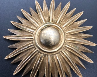 Vintage Gold tone Sun Trafari brooch, 1970-80s brushed gold, vintage jewelry. Fashion, designer pin, signed