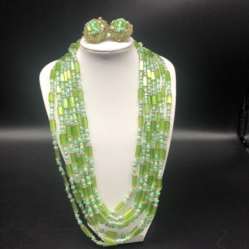 Vintage Green Costume Jewelry Set, 7 Strand Glass Pale Green Bead Necklace and Matching Earrings