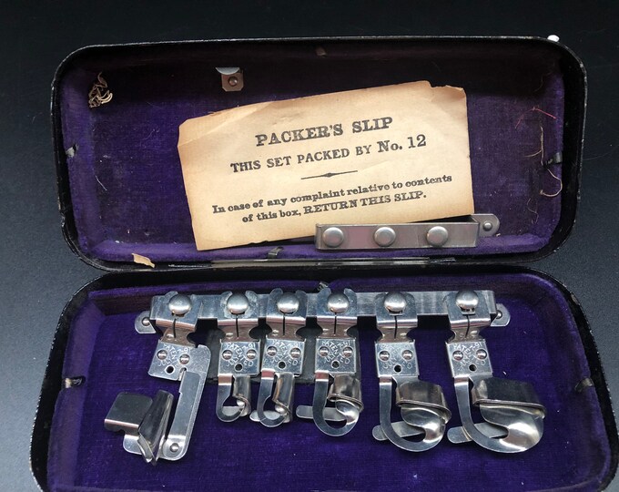 Vintage White Sewing Machine Hem Attachments Original Metal Box, Sewing