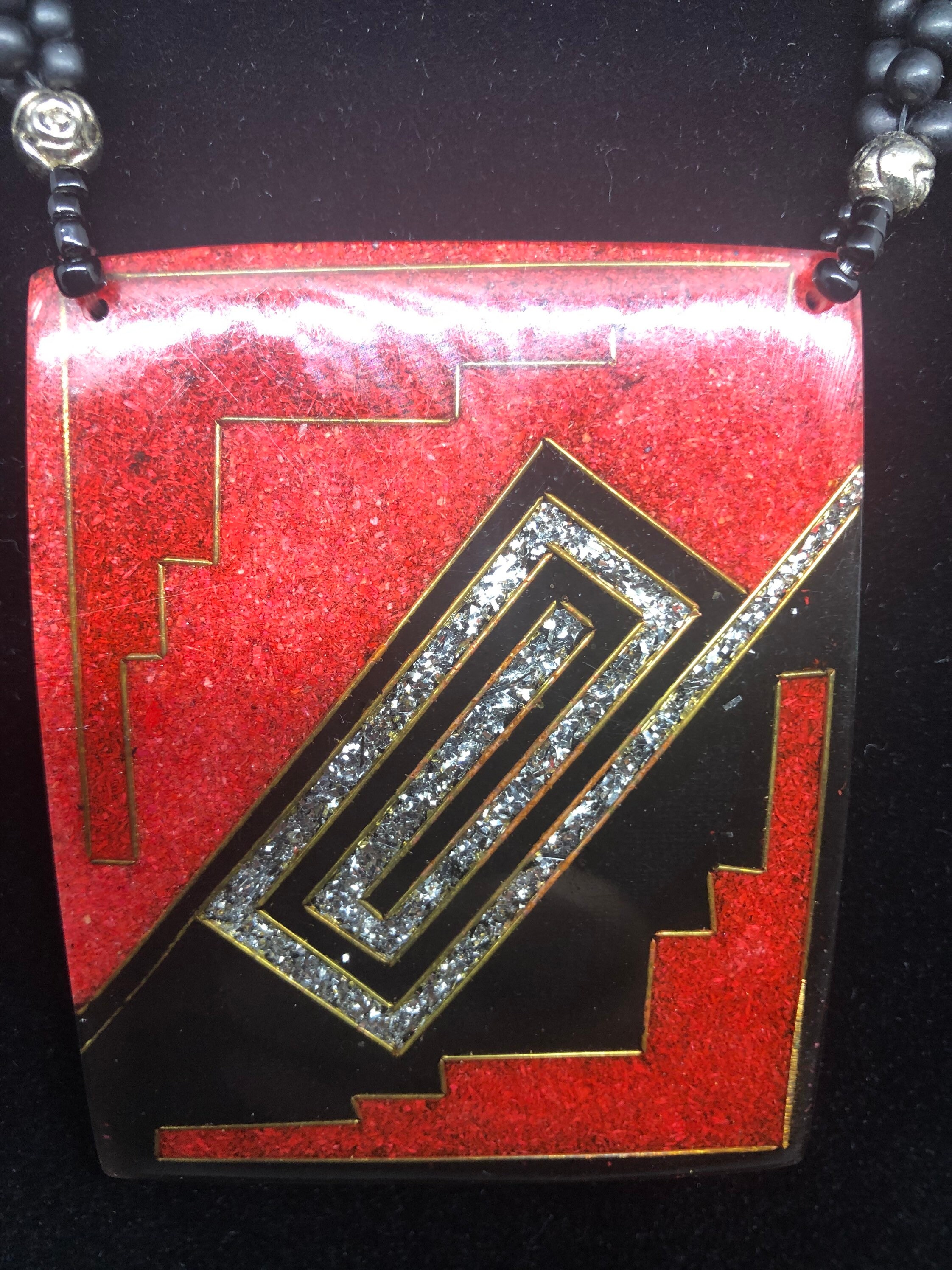 80er Jahre große rote und silber lackierte Halskette und | Etsy